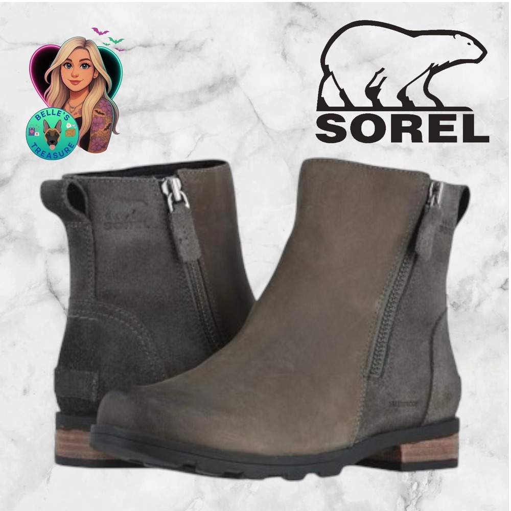 Sorel Women's 7 Emelie Zip Bootie Waterproof Boot Quarry Green Leather Suede